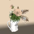 White Textured Vase With Dried Golden Flowers And Green Ferns On Beige Background
