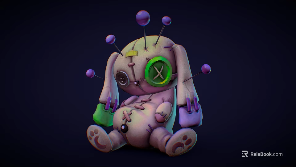 Stitched Rabbit Doll With Green X Shaped Eye Purple Pins And Pink Green Paws 3d model 