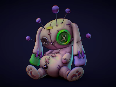 Stitched Rabbit Doll With Green X Shaped Eye Purple Pins And Pink Green Paws 3d model