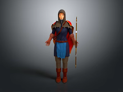 Archer Character In Blue Red Robe With Spear And Wolf Companion Standing 3d model