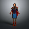 Archer Character In Blue Red Robe With Spear And Wolf Companion Standing