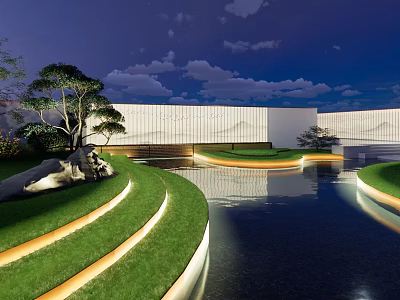 Modern Garden Wall With Illuminated Night View Water Feature And Curved Lawn 3d model