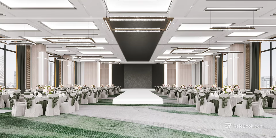 Elegant Banquet Hall With Decorated Tables Central Stage Modern Lighting And Green White Carpet 3d model 