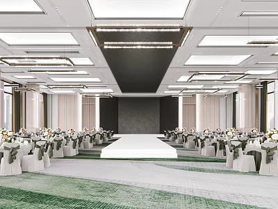 Elegant Banquet Hall With Decorated Tables Central Stage Modern Lighting And Green White Carpet 3d model
