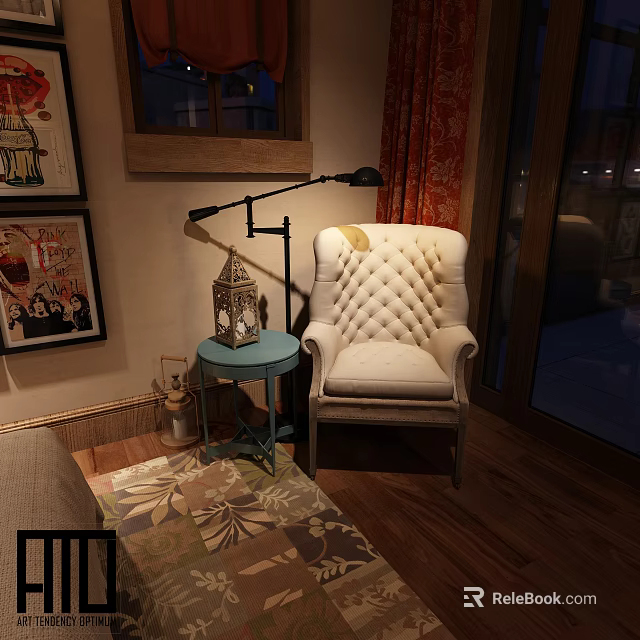 Cream Tufted Single Sofa With Blue Side Table Floor Lamp And Area Rug 3d model 