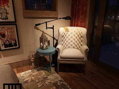 Cream Tufted Single Sofa With Blue Side Table Floor Lamp And Area Rug 3d model