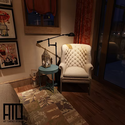 Cream Tufted Single Sofa With Blue Side Table Floor Lamp And Area Rug 3d model