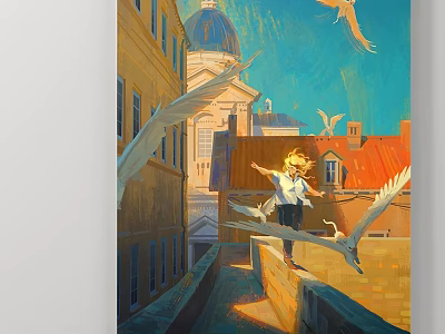 Scenic Landscape Painting Featuring Girl on Bridge Flying Birds Dome Building Red Roofs Sunlit Sky 3d model