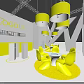 Modern Exhibition Space With Yellow Pendant Lights Chairs And Logo On White Walls