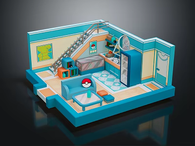 Cartoon Room Scene With Blue Structure Ladder Sofa Bed Rug And Poké Ball Decor 3d model