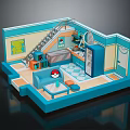 Cartoon Room Scene With Blue Structure Ladder Sofa Bed Rug And Poké Ball Decor