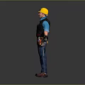 Construction Worker In Yellow Hard Hat Blue Shirt And Tool Belt Standing On Gray Background