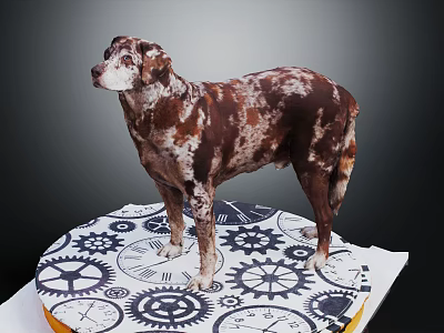 Brown and white spotted Dog standing on circular platform with gear and clock patterns 3d model
