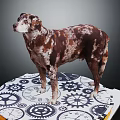 Brown and white spotted Dog standing on circular platform with gear and clock patterns 3d model