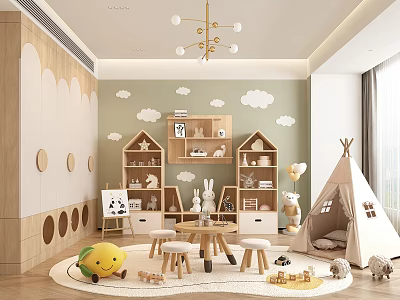 Cozy Kids Playroom With Green Walls Cloud Decorations Wooden Hut Shelves And Tipi Tent 3d model