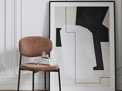 Brown Leisure Chair with Black Frame Stack of Books beside Abstract Painting on White Wall 3d model
