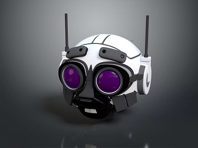 Futuristic Robot Head With White Body Black Details Top Antennas And Large Purple Eyes 3d model