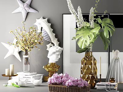 Home Decorative Ornament Set With Starfish Seahorse Vases Plants Golden Sculptures And Flowers 3d model
