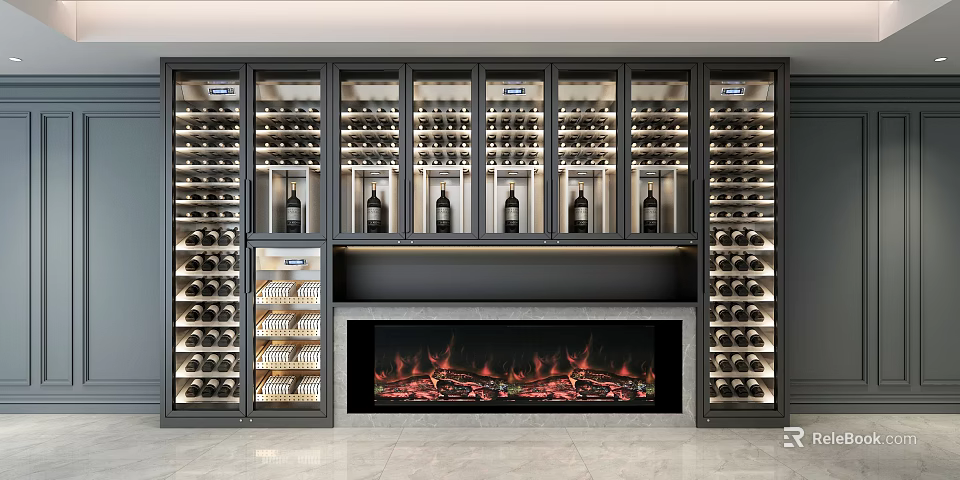 Modern Luxury Wine Cabinet With Glass Doors Wine Bottles And Electric Fireplace 3d model 
