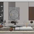 Modern Light Gray Sofa Coffee Table Set With Round Wall Art Wooden Accent Living Room