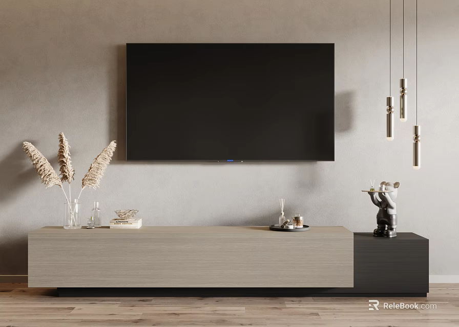 Modern TV Stand with Wall TV Dried Pampas Grass and Decorative Ornaments on Gray Wall 3d model 