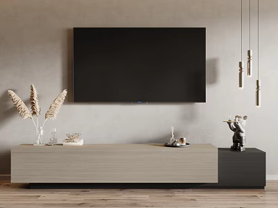 Modern TV Stand with Wall TV Dried Pampas Grass and Decorative Ornaments on Gray Wall 3d model