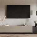 Modern TV Stand with Wall TV Dried Pampas Grass and Decorative Ornaments on Gray Wall