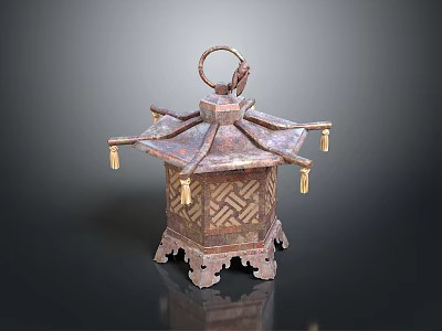 Traditional Metal Lantern With Hexagonal Structure Ring Handle Tassel Decorations And Carved Patterns 3d model