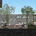 Modern Garden Landscape With Waterfall Wall Trees Seating Area Fire Pit And Lawn Lighting