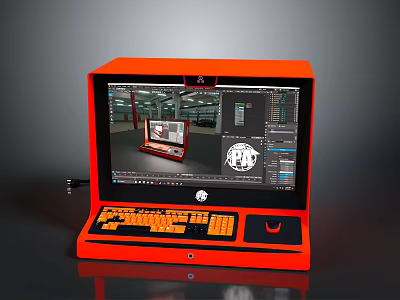 Orange Electronic Workstation with Screen Displaying 3D Model Interface and Keyboard Mouse Area 3d model