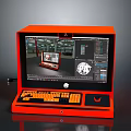 Orange Electronic Workstation with Screen Displaying 3D Model Interface and Keyboard Mouse Area