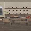 Traditional Tea Room Interior With Wooden Table Chairs Tea Sets On Shelves And Warm Lighting