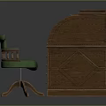 Vintage Wooden Desk With Green Leather Top Multiple Drawers And Green Carved Chair