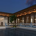 Traditional Chinese Garden Landscape With Wooden Structure Glass Windows And Green Plants In Dining Area