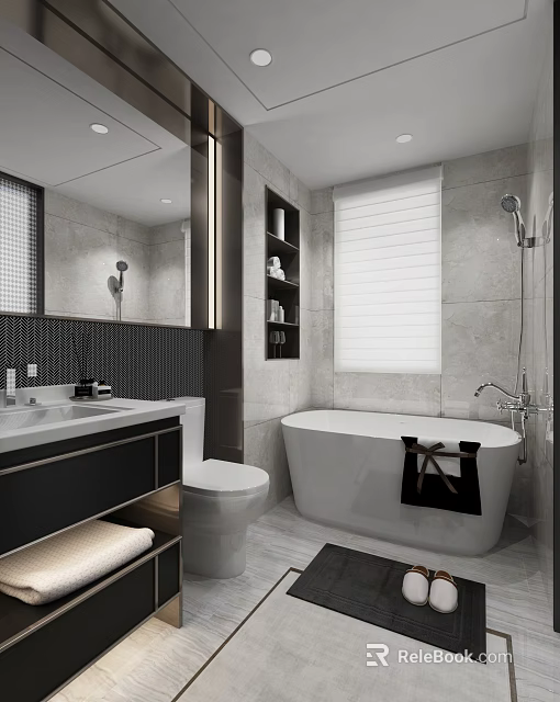 Hotel Bathroom Interior Design With White Bathtub Black Towel Large Mirror And Vanity 3d model 