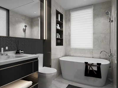 Hotel Bathroom Interior Design With White Bathtub Black Towel Large Mirror And Vanity 3d model