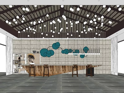 Traditional Hotel Lobby Interior With Wooden Reception Desk Stone Wall And Hanging Lights 3d model