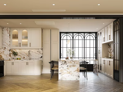 Elegant Modern Kitchen With White Cabinets Marble Island Arched Windows Herringbone Flooring 3d model