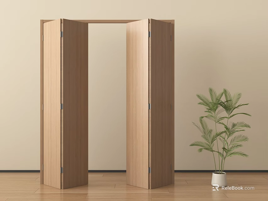Modern Wooden Folding Door Interior With Light Wall And Potted Plant On Wooden Floor 3d model 