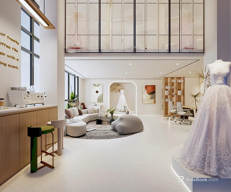 Modern Bridal Shop Interior Design With Wedding Dress Display And Comfortable Seating 3d model 