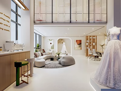 Modern Bridal Shop Interior Design With Wedding Dress Display And Comfortable Seating 3d model