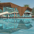 Modern Cultural Center Building With Wooden Roof Glass Curtain Walls And Water Reflections