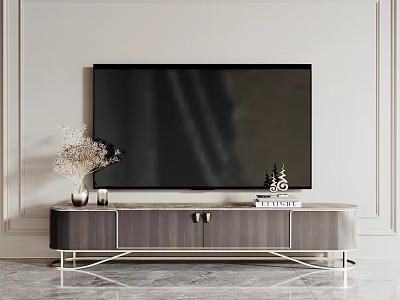 Modern Wooden TV Stand in Living Room with Dried Flowers Small Christmas Tree and TV 3d model