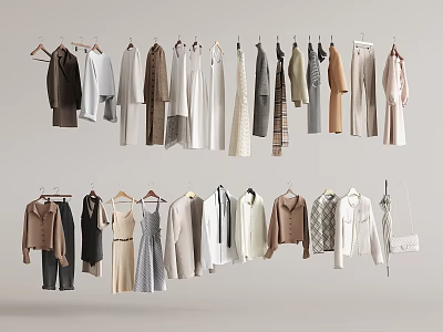 Hanging Clothes Display with Coats Shirts Dresses Pants in Neutral Tones Beige White Brown Gray 3d model