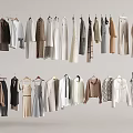 Hanging Clothes Display with Coats Shirts Dresses Pants in Neutral Tones Beige White Brown Gray