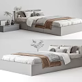 Modern Double Bed Setup With Gray Frame White Sheets Brown Blanket Pillows And Nightstand Decor 3d model