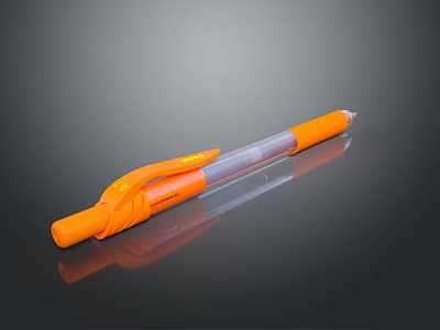 Orange Pen With Orange Grip Transparent Barrel And White Tip On Black Surface With Reflection 3d model