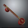 Traditional Red Sitar Instrument With Long Neck Strings Tuning Pegs And Circular Resonators