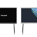 Two Modern Serif TVs With Black Slim Stands And Abstract Blue Screen