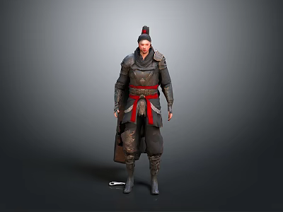 Man in Traditional Ancient Dark Armor With Red Decorative Belt Weapon at Waist Wearing Helmet 3d model